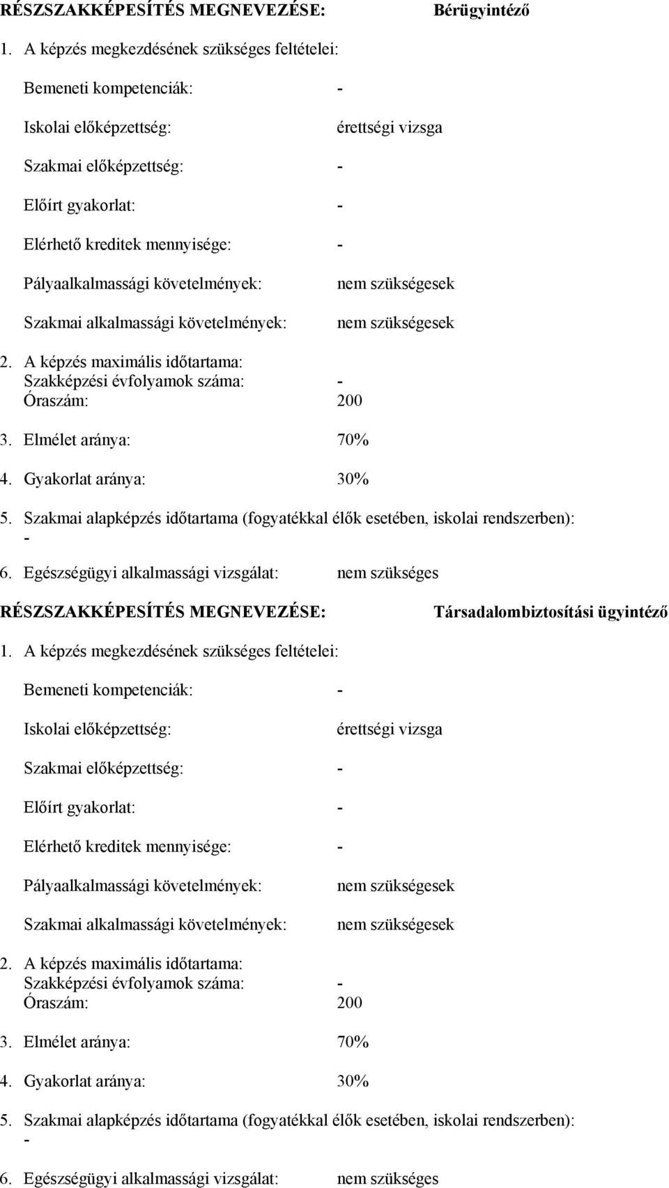 követelmények: Szakmai alkalmassági követelmények: nem szükségesek nem szükségesek 2. A képzés maximális időtartama: Szakképzési évfolyamok száma: Óraszám: 200 3. Elmélet aránya: 70% 4.