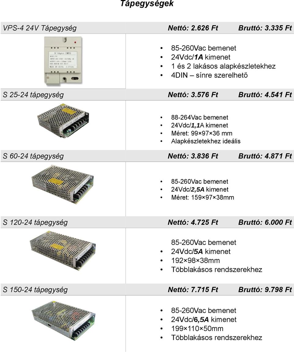576 Ft S 60-24 tápegység S 120-24 tápegység S 150-24 tápegység Bruttó: 6.000 Ft 85-260Vac bemenet 24Vdc/5A kimenet 192 98 38mm Többlakásos rendszerekhez Nettó: 7.
