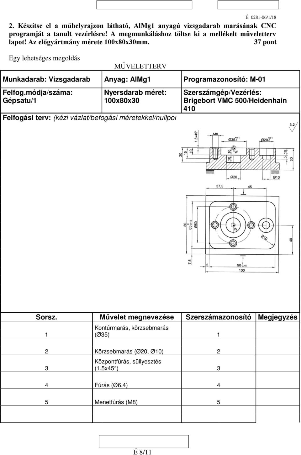 módja/száma: Gépsatu/1 Nyersdarab méret: 100x80x30 Felfogási terv: (kézi vázlat/befogási méretekkel/nullponttal/) Szerszámgép/Vezérlés: Brigebort VMC 500/Heidenhain 410