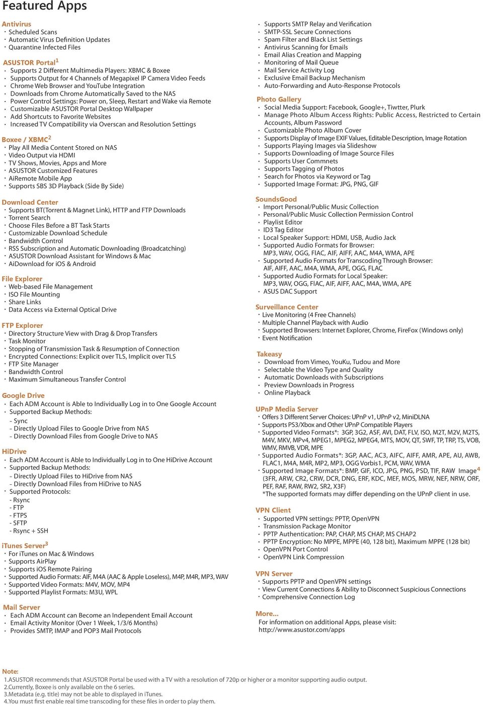 via Remote Customizable ASUSTOR Portal Desktop Wallpaper Add Shortcuts to Favorite Websites Increased TV Compatibility via Overscan and Resolution Settings Boxee XBMC 2 Play All Media Content Stored