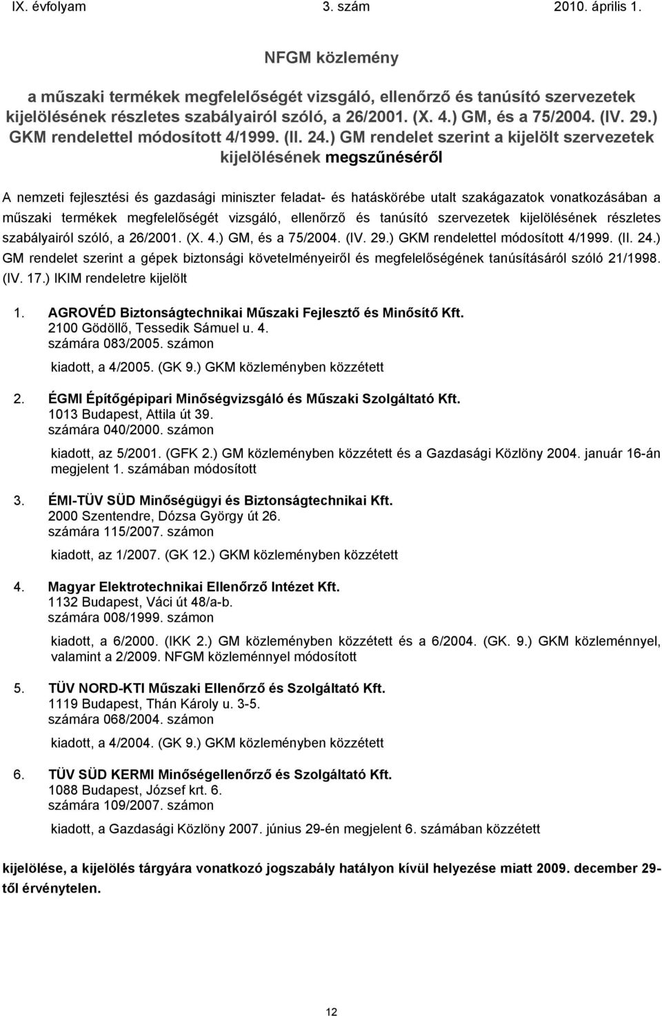 ) GM rendelet szerint a kijelölt szervezetek kijelölésének megszűnéséről A nemzeti fejlesztési és gazdasági miniszter feladat- és hatáskörébe utalt szakágazatok vonatkozásában a műszaki termékek