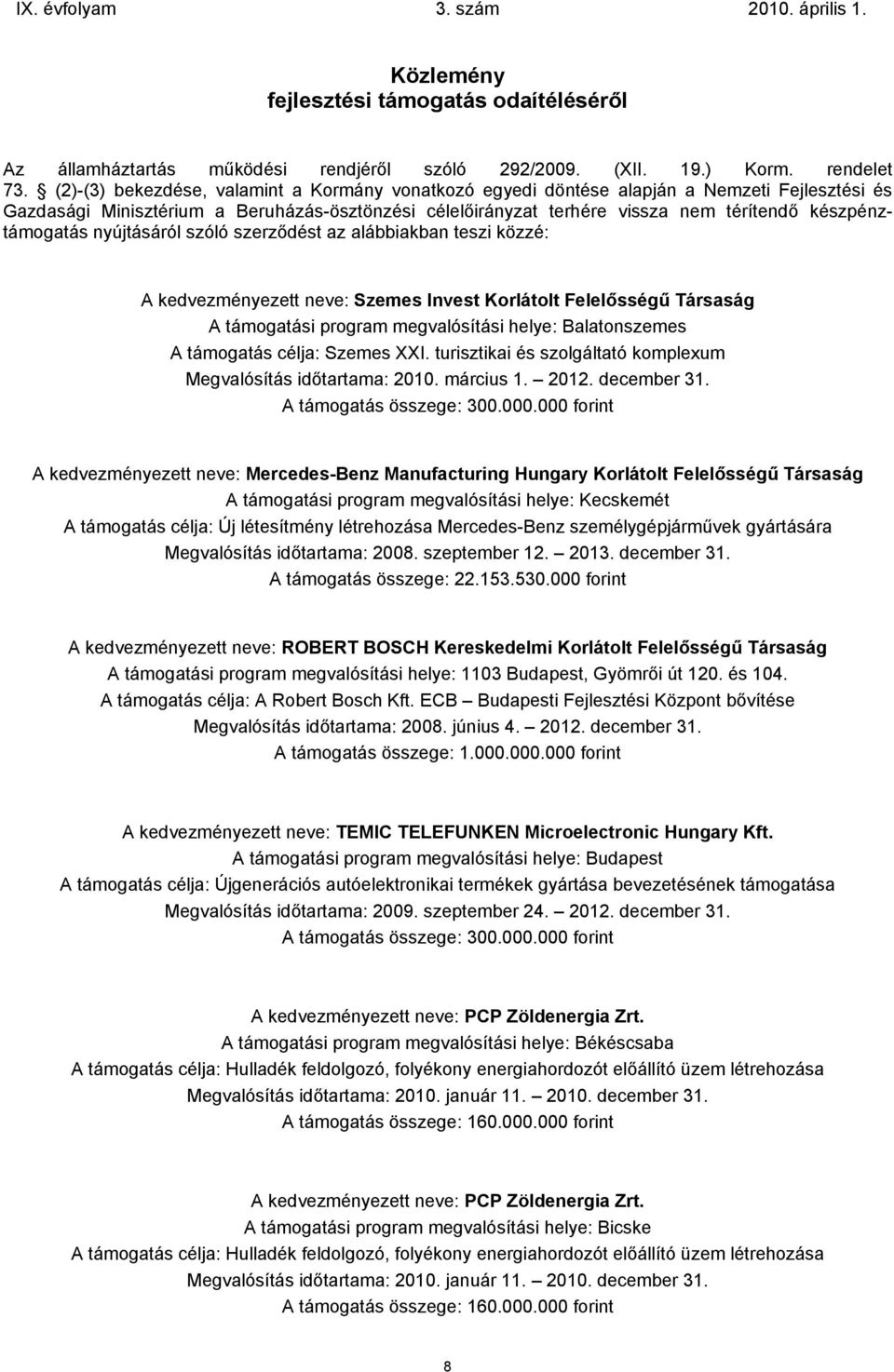 készpénztámogatás nyújtásáról szóló szerződést az alábbiakban teszi közzé: A kedvezményezett neve: Szemes Invest Korlátolt Felelősségű Társaság A támogatási program megvalósítási helye: Balatonszemes