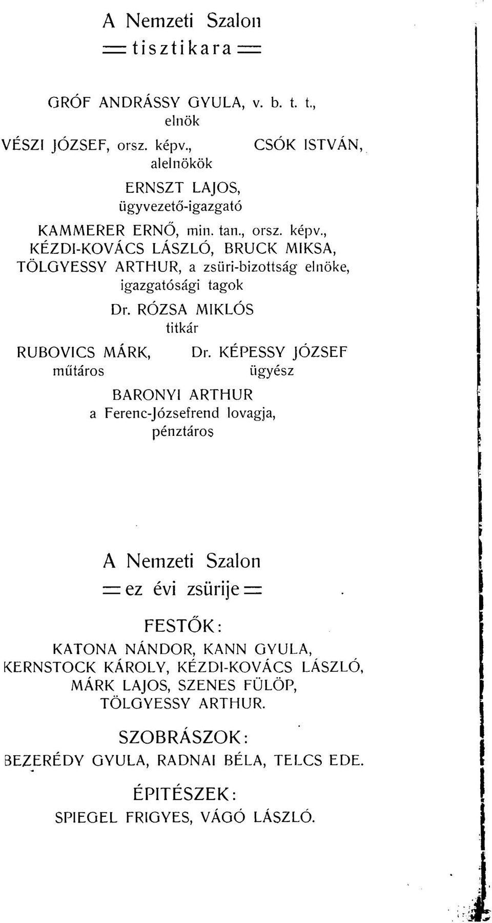 , KÉZDI-KOVÁCS LÁSZLÓ, BRUCK MIKSA, TÖLGYESSY ARTHUR, a zsüri-bizottság elnöke, igazgatósági tagok RUBOVICS MÁRK, műtáros Dr. RÓZSA MIKLÓS titkár Dr.