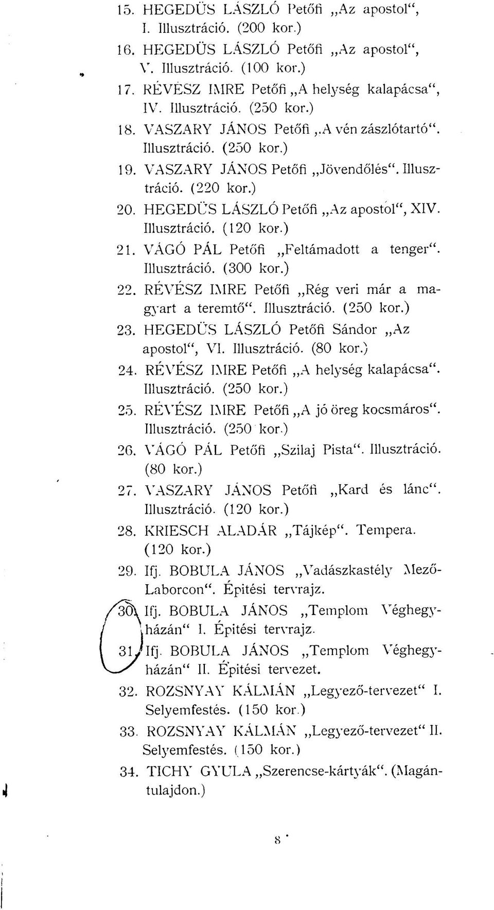 ) 21. VÁGÓ PÁL Petőfi Feltámadott a tenger". Illusztráció. (300 kor.) 22. RÉVÉSZ IMRE Petőfi Rég veri már a magyart a teremtő". Illusztráció. (250 kor.) 23.