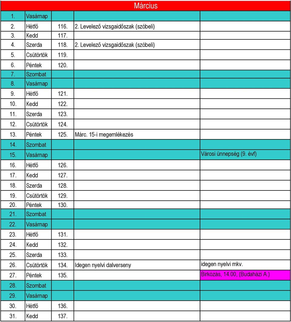 Vasárnap Városi ünnepség (9. évf) 16. Hétfő 126. 17. Kedd 127. 18. Szerda 128. 19. Csütörtök 129. 20. Péntek 130. 21. Szombat 22. Vasárnap 23. Hétfő 131. 24.