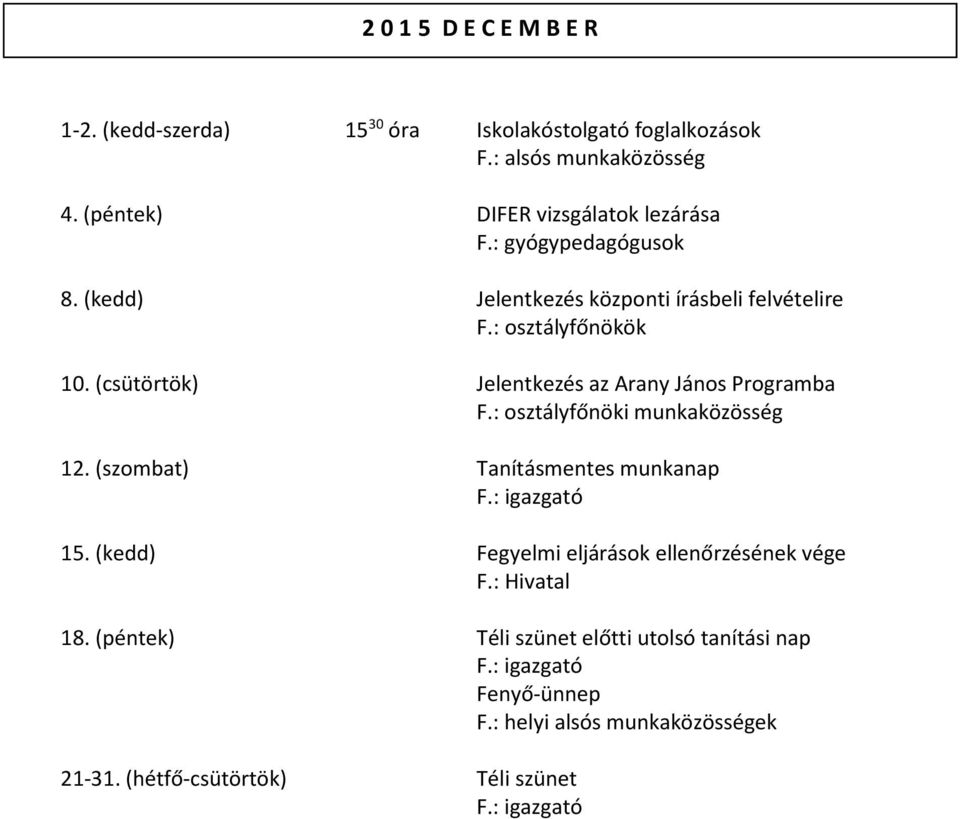: osztályfőnöki munkaközösség 12. (szombat) Tanításmentes munkanap 15. (kedd) Fegyelmi eljárások ellenőrzésének vége F.