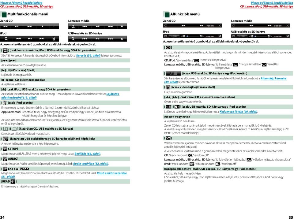 A keresés részleteiről bővebb információt a Keresés (36. oldal) fejezet tartalmaz. [4] [ ] Az előző/következő sáv/fájl keresése. [3] [8] (ipod csak) / [38] Lejátszás és megszakítás.