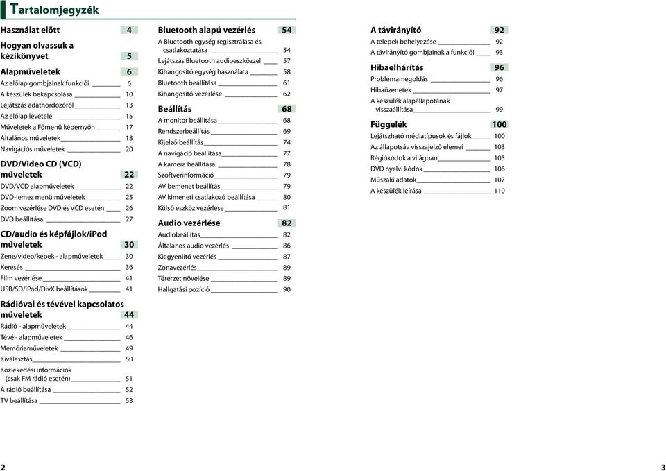 DVD beállítása 27 CD/audio és képfájlok/ipod műveletek 30 Zene/video/képek - alapműveletek 30 Keresés 36 Film vezérlése 41 USB/SD/iPod/DivX beállítások 41 Rádióval és tévével kapcsolatos műveletek 44