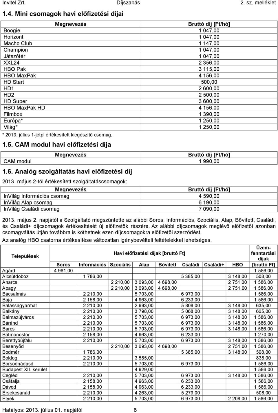 6. Analóg szolgáltatás havi előfizetési díj 2013.