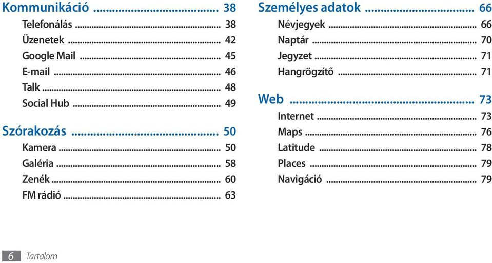.. 63 Személyes adatok... 66 Névjegyek... 66 Naptár... 70 Jegyzet... 71 Hangrögzítő.