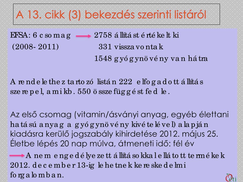 Az első csomag (vitamin/ásványi anyag, egyéb élettani hatású anyag a gyógynövény kivételével) alapján kiadásra kerülő