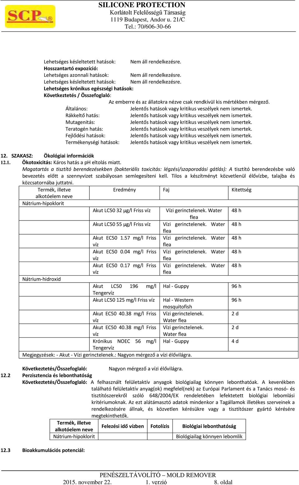 . SZAKASZ: Ökológiai információk 12.1. Ökotoxicitás: Káros hatás a ph eltolás miatt.