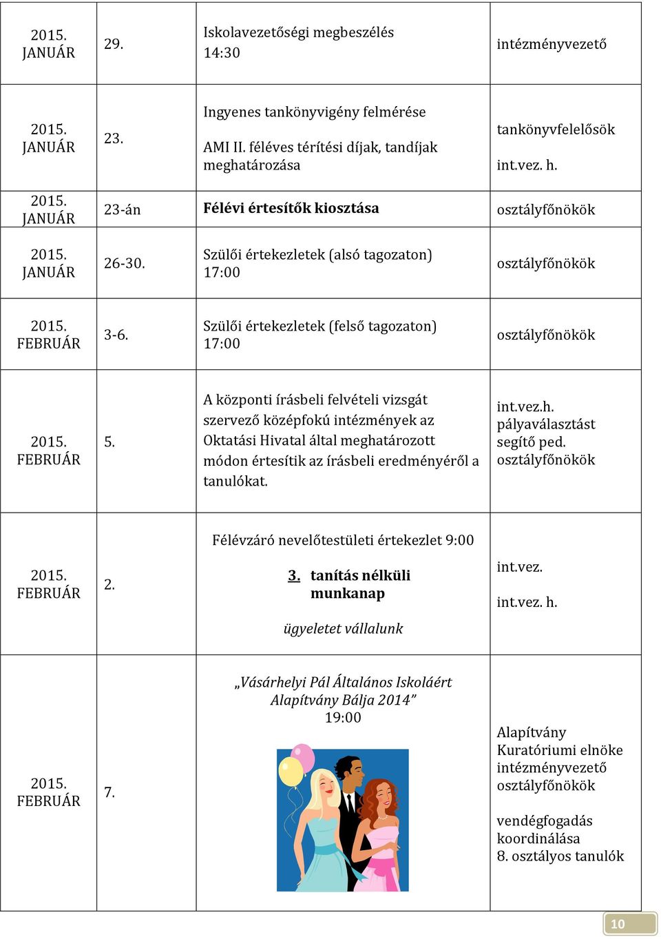 Szülői értekezletek (felső tagozaton) 17:00 5.