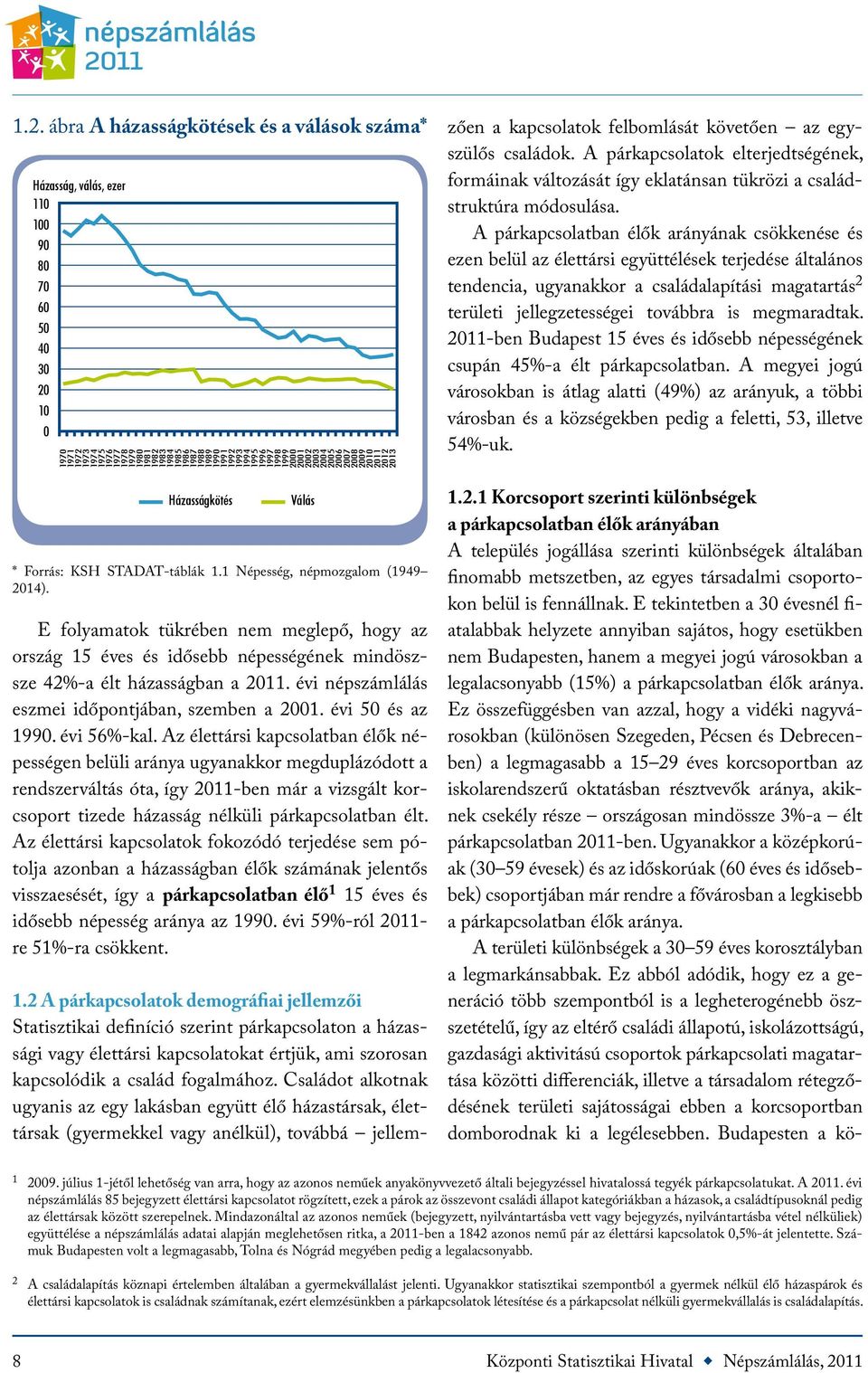1 Népesség, népmozgalom (1949 2014). E folyamatok tükrében nem meglepő, hogy az ország 15 éves és idősebb népességének mindöszsze 42%-a élt házasságban a 2011.