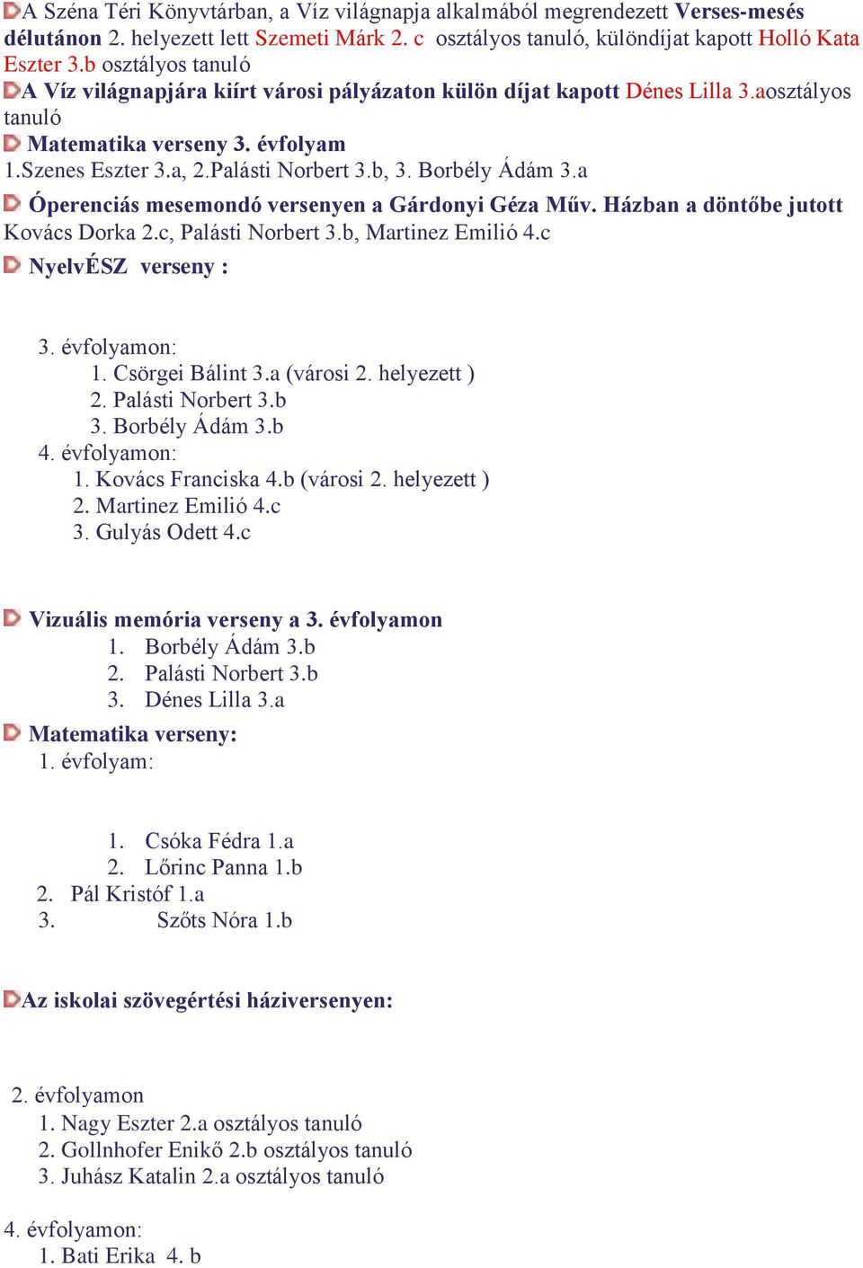 Borbély Ádám 3.a Óperenciás mesemondó versenyen a Gárdonyi Géza Műv. Házban a döntőbe jutott Kovács Dorka 2.c, Palásti Norbert 3.b, Martinez Emilió 4.c NyelvÉSZ verseny : 3. évfolyamon: 1.