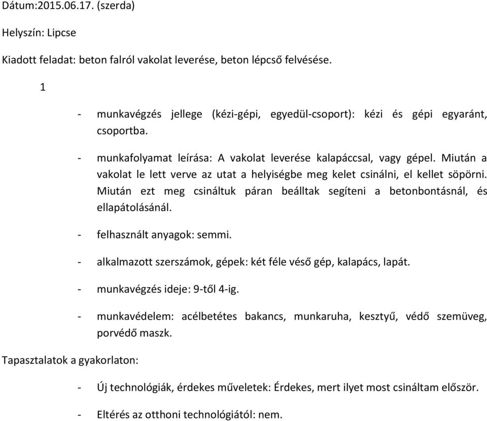 Miután ezt meg csináltuk páran beálltak segíteni a betonbontásnál, és ellapátolásánál. - felhasznált anyagok: semmi.