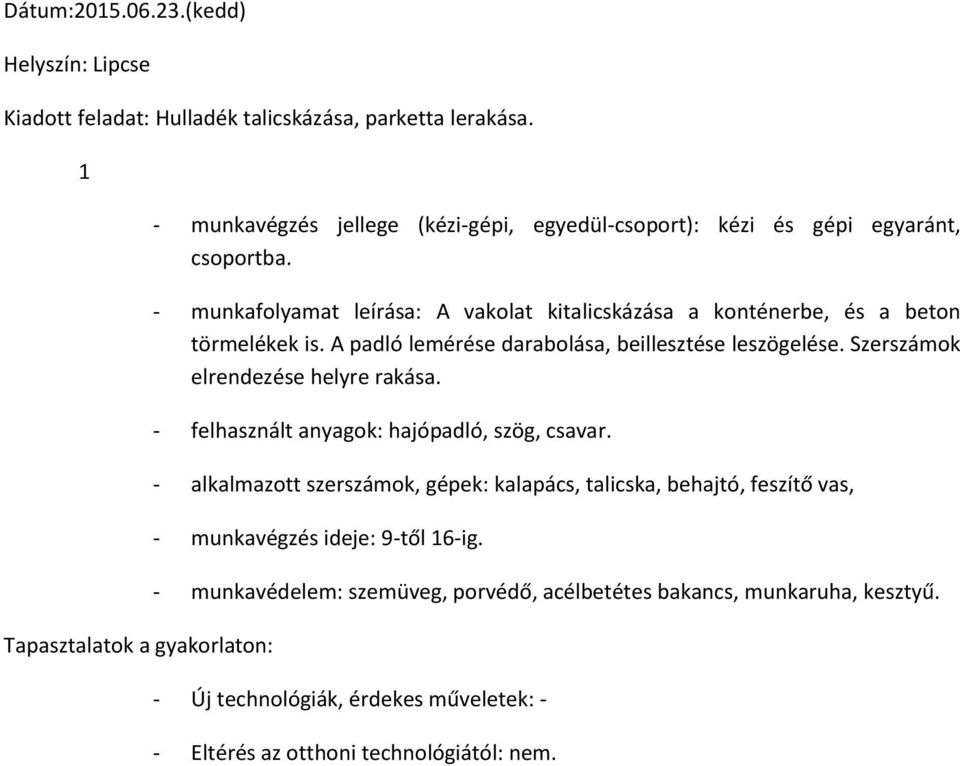 A padló lemérése darabolása, beillesztése leszögelése. Szerszámok elrendezése helyre rakása.