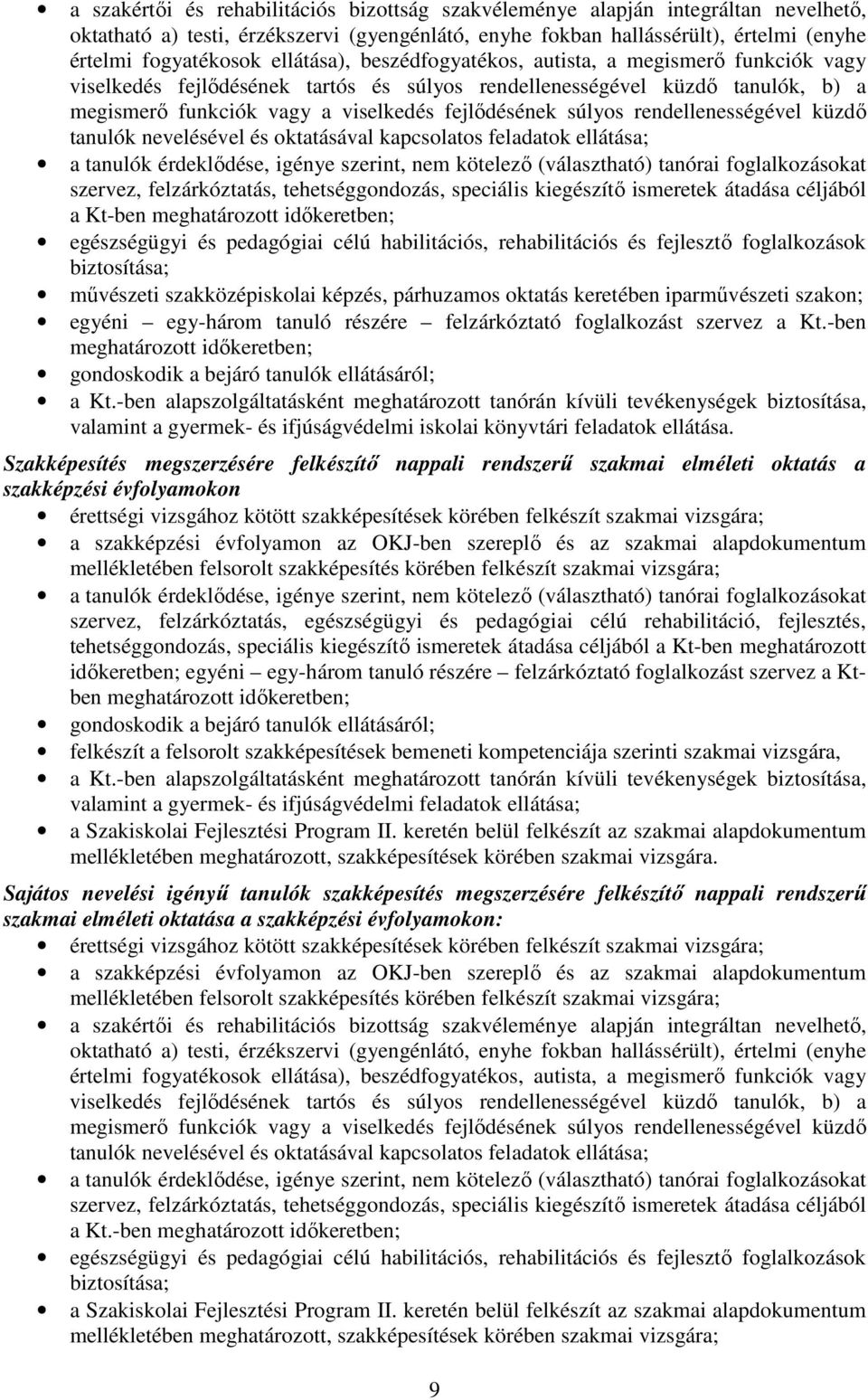 súlyos rendellenességével küzdő tanulók nevelésével és oktatásával kapcsolatos feladatok ellátása; a tanulók érdeklődése, igénye szerint, nem kötelező (választható) tanórai foglalkozásokat szervez,