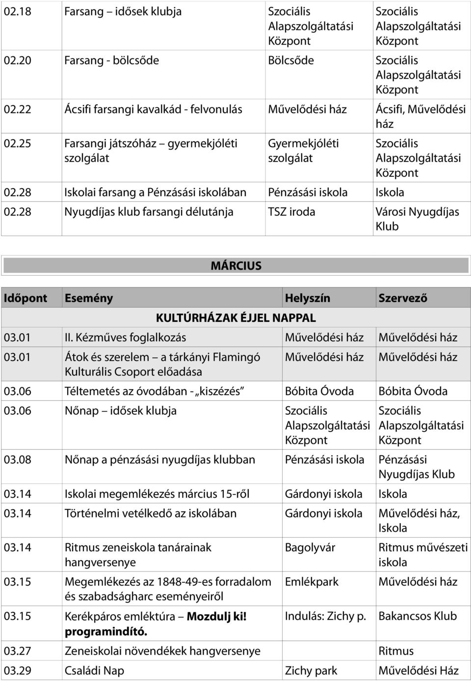 01 Átok és szerelem a tárkányi Flamingó Kulturális Csoport előadása 03.06 Téltemetés az óvodában - kiszézés Bóbita Óvoda Bóbita Óvoda 03.06 Nőnap idősek klubja 03.