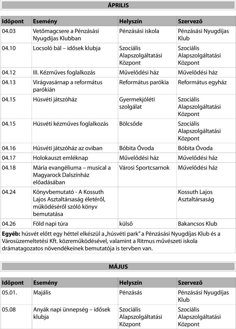 16 Húsvéti játszóház az oviban Bóbita Óvoda Bóbita Óvoda 04.17 Holokauszt emléknap 04.18 Mária evangéliuma musical a Magyarock Dalszínház előadásában 04.