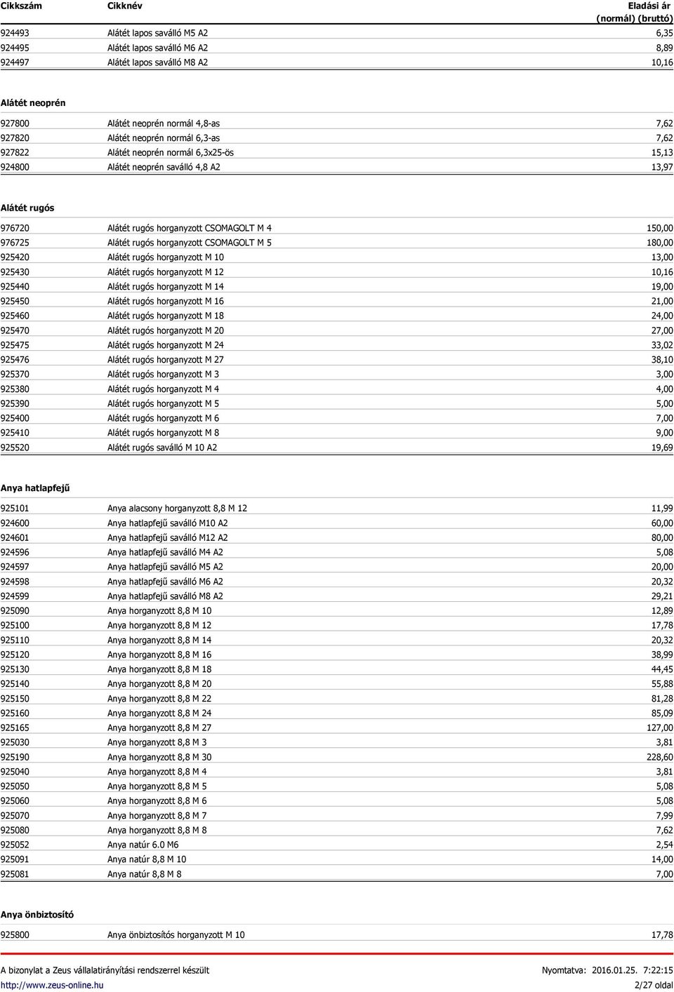 925520 Alátét rugós horganyzott CSOMAGOLT M 4 Alátét rugós horganyzott CSOMAGOLT M 5 Alátét rugós horganyzott M 10 Alátét rugós horganyzott M 12 Alátét rugós horganyzott M 14 Alátét rugós horganyzott