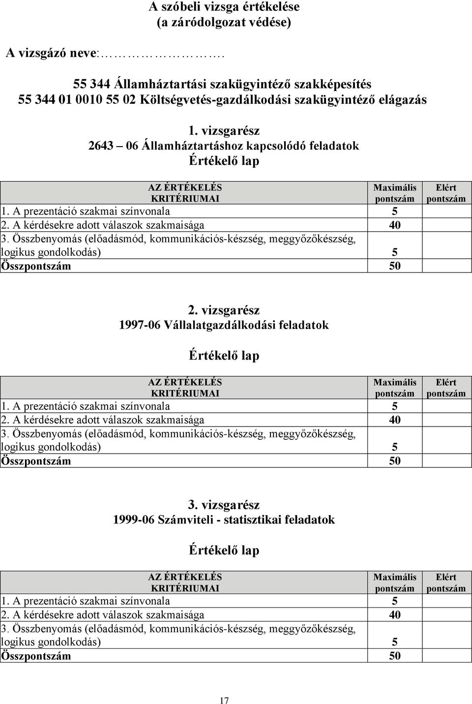 A kérdésekre adott válaszok szakmaisága 40 3. Összbenyomás (előadásmód, kommunikációs-készség, meggyőzőkészség, logikus gondolkodás) 5 Összpontszám 50 Elért pontszám 2.