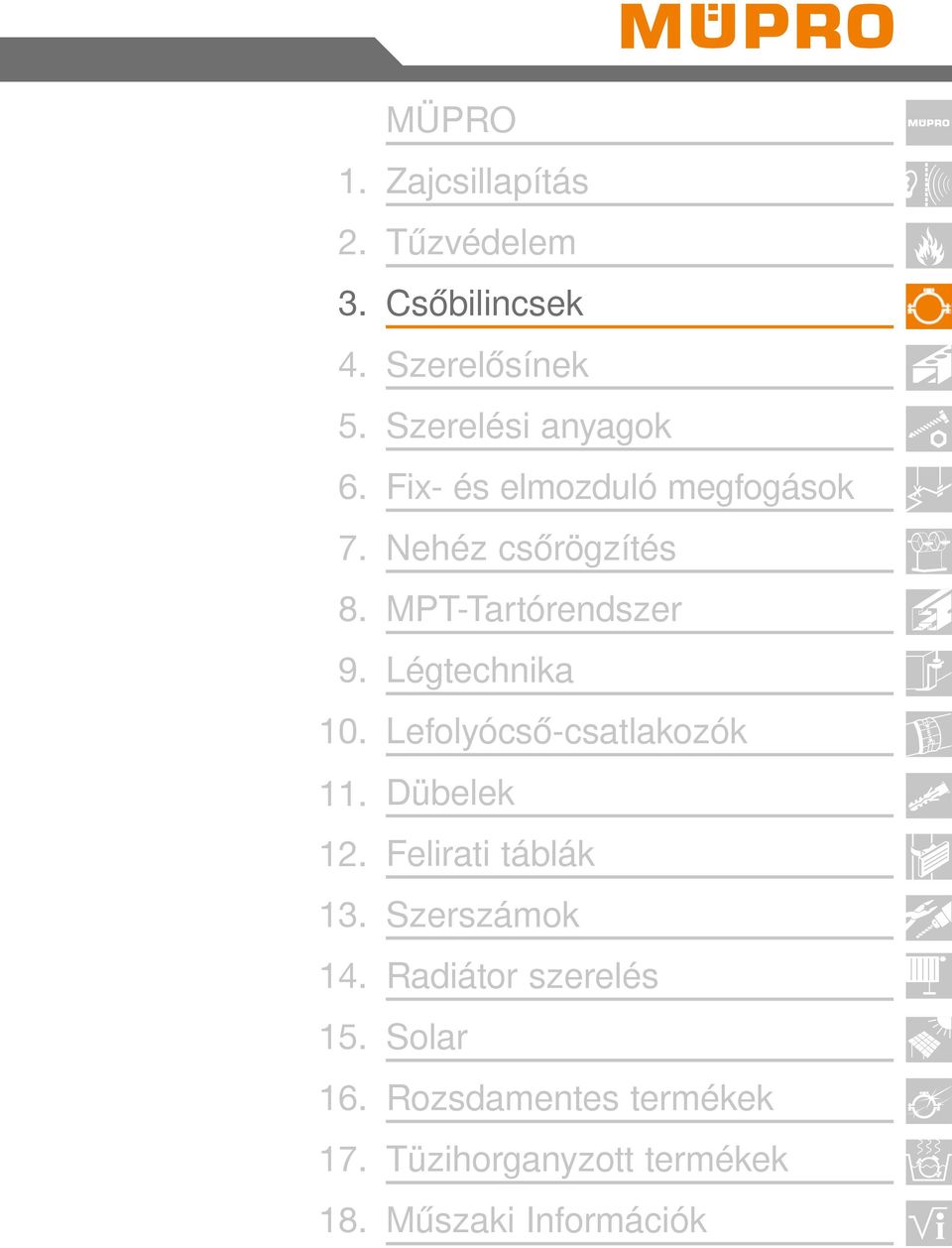 MPT-Tartórendszer 9. Légtechnika 10. Lefolyócső-csatlakozók 11. Dübelek 12.