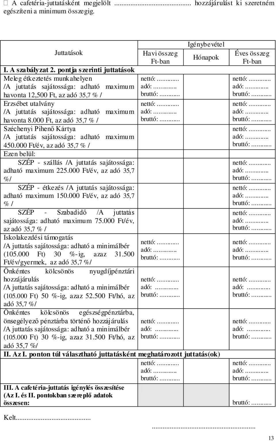 000 Ft, az adó 35,7 % / Széchenyi Pihenő Kártya /A juttatás sajátossága: adható maximum 450.000 Ft/év, az adó 35,7 % / Ezen belül: SZÉP - szállás /A juttatás sajátossága: adható maximum 225.