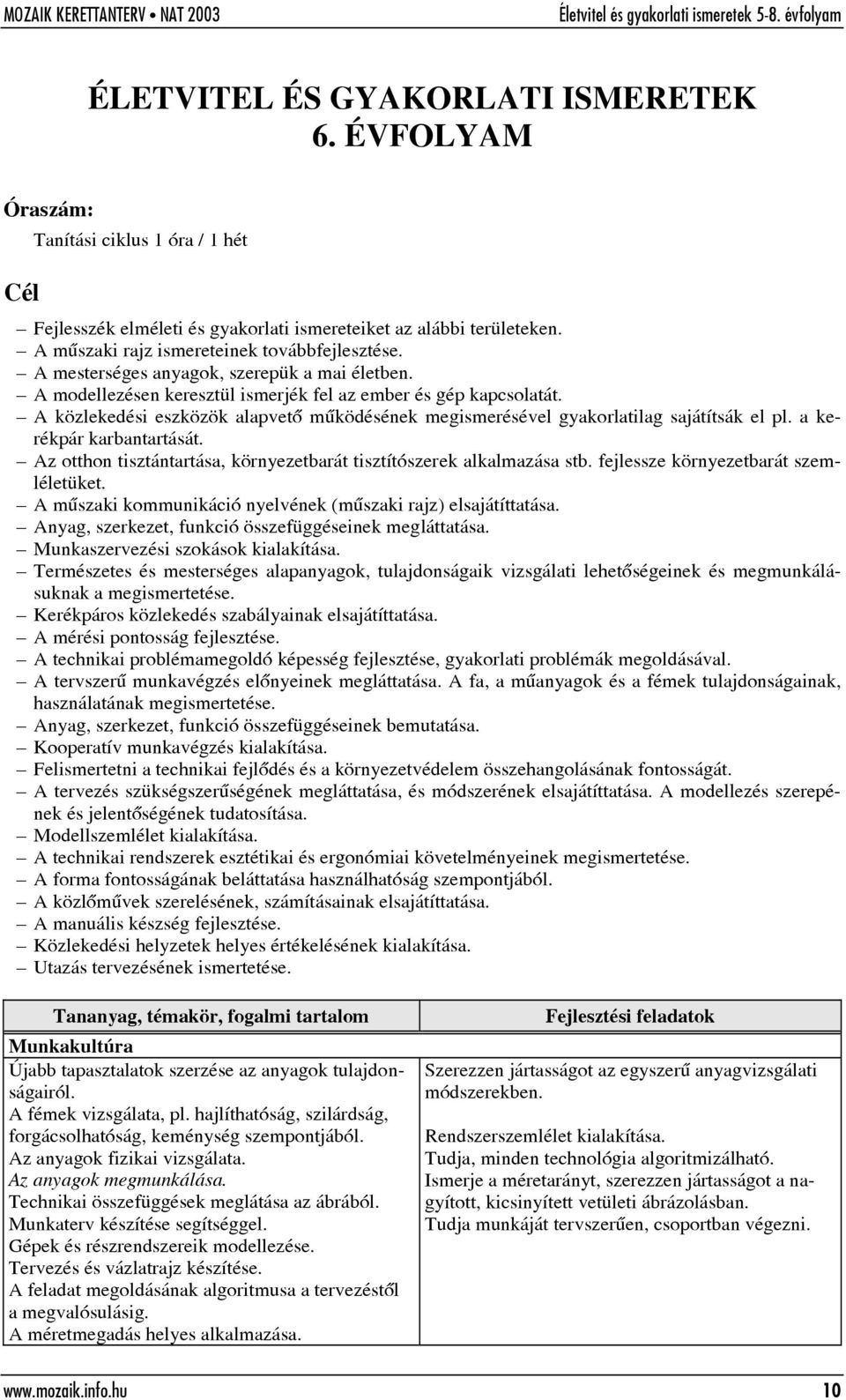 A közlekedési eszközök alapvetõ mûködésének megismerésével gyakorlatilag sajátítsák el pl. a kerékpár karbantartását. Az otthon tisztántartása, környezetbarát tisztítószerek alkalmazása stb.