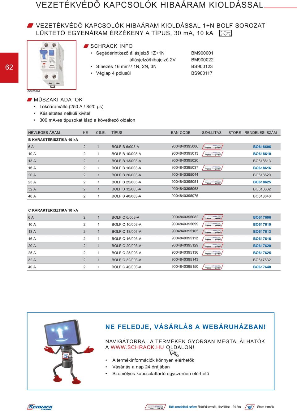 oldalon NÉVLEGES ÁRAM KE CSE TÍPUS EAN-CODE SZÁLLÍTÁS STORE RENDELÉSI SZÁM B KARAKTERISZTIKA 10 ka 6 A 2 1 BOLF B 6/003-A 9004840395006 BO618606 10 A 2 1 BOLF B 10/003-A 9004840395013 BO618610 13 A 2