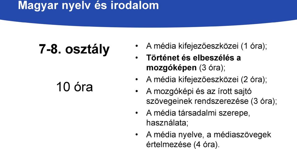 mozgóképen (3 óra); A média kifejezőeszközei (2 óra); A mozgóképi és az írott