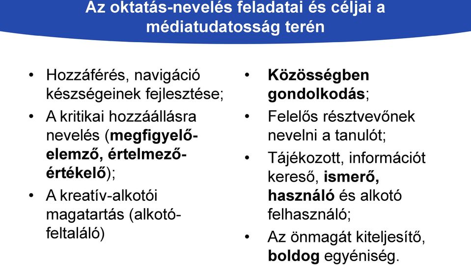 magatartás (alkotófeltaláló) Közösségben gondolkodás; Felelős résztvevőnek nevelni a tanulót;