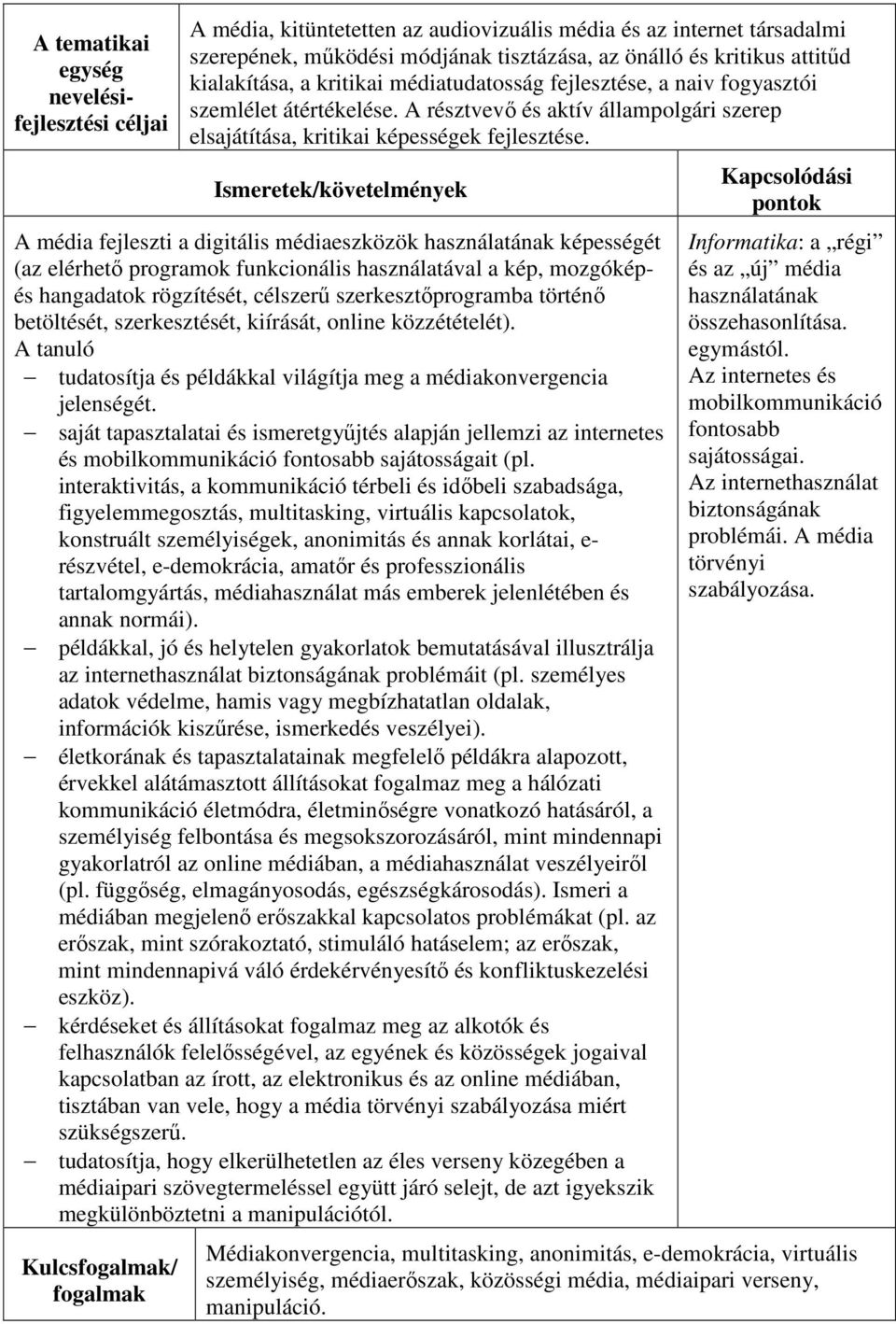 Ismeretek/követelmények A média fejleszti a digitális médiaeszközök használatának képességét (az elérhető programok funkcionális használatával a kép, mozgóképés hangadatok rögzítését, célszerű