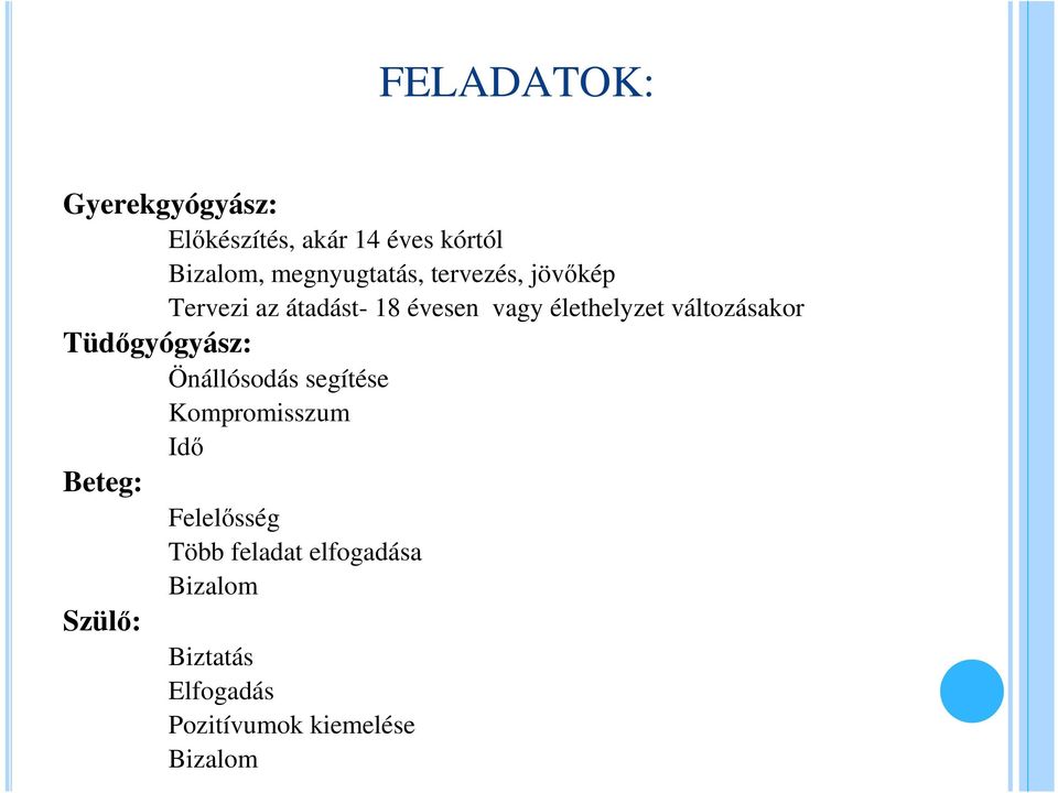 változásakor Tüdőgyógyász: Önállósodás segítése Kompromisszum Idő Beteg: