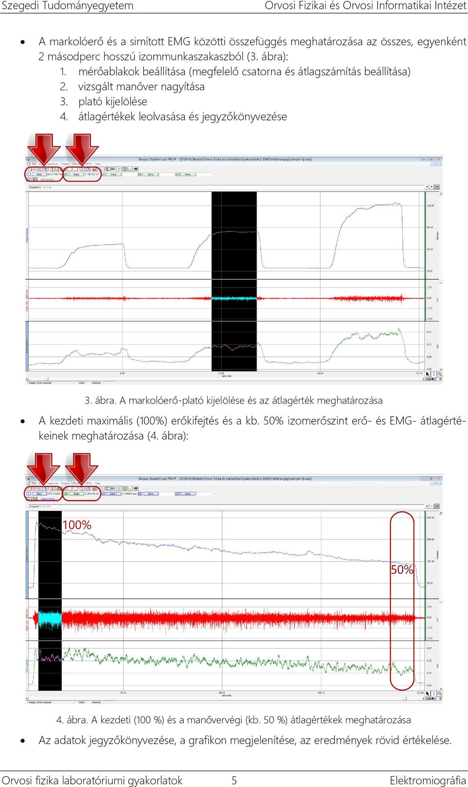 A markolóerő-plató kijelölése és az átlagérték meghatározása A kezdeti maximális (100%) erőkifejtés és a kb. 50% izomerőszint erő- és EMG- átlagértékeinek meghatározása (4.