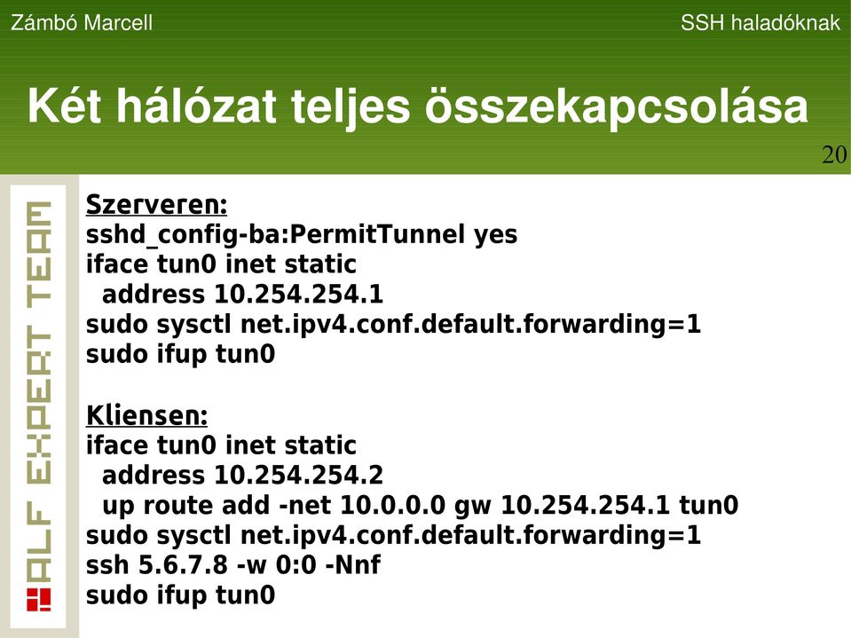 forwarding=1 sudo ifup tun0 Kliensen: iface tun0 inet static address 10.254.