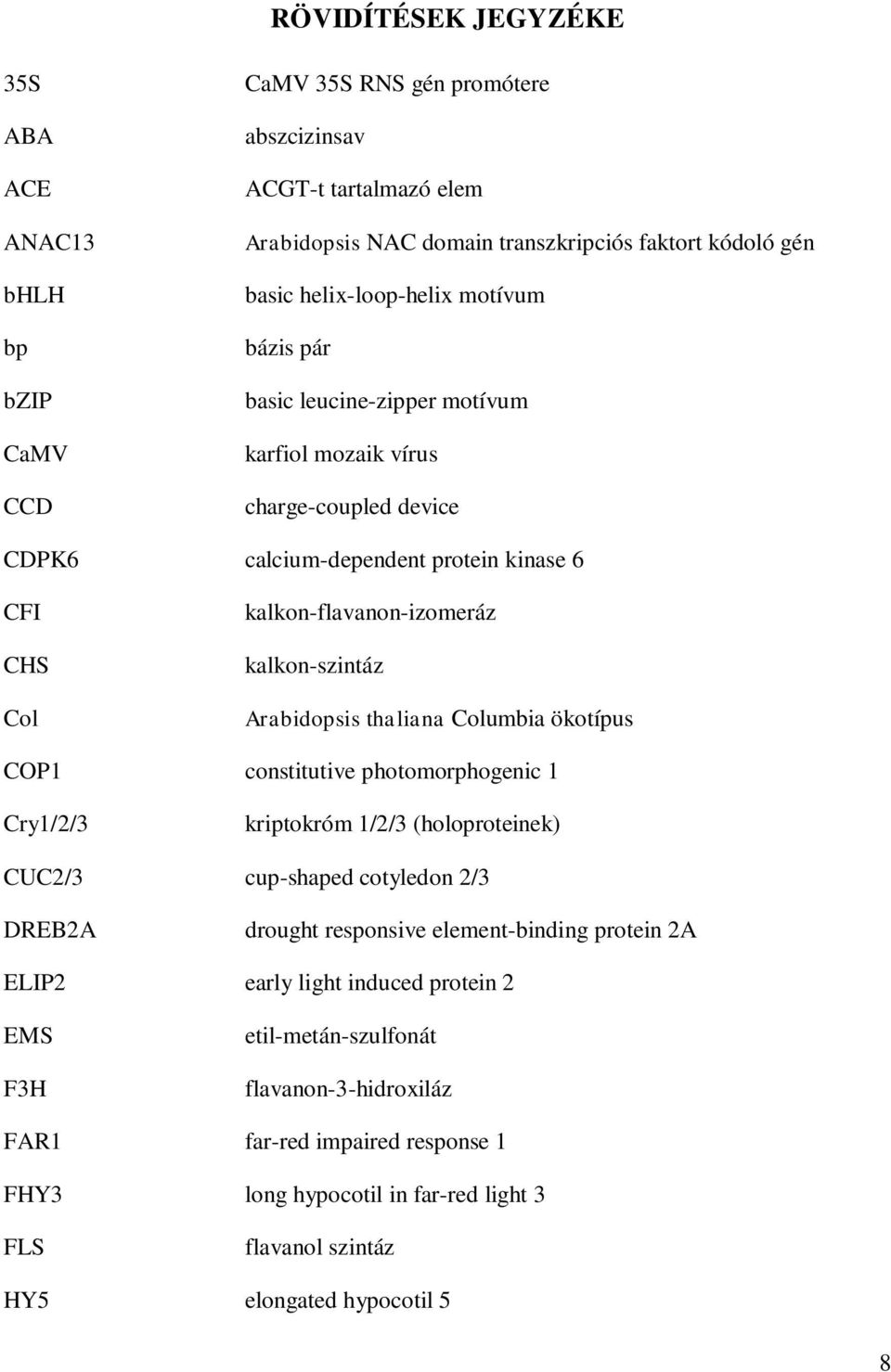 Arabidopsis thaliana Columbia ökotípus COP1 constitutive photomorphogenic 1 Cry1/2/3 kriptokróm 1/2/3 (holoproteinek) CUC2/3 cup-shaped cotyledon 2/3 DREB2A drought responsive element-binding protein