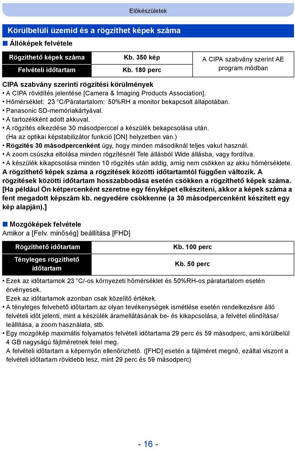 Hőmérséklet: 23 oc/páratartalom: 50%RH a monitor bekapcsolt állapotában. Panasonic SD-memóriakártyával. A tartozékként adott akkuval. A rögzítés elkezdése 30 másodperccel a készülék bekapcsolása után.