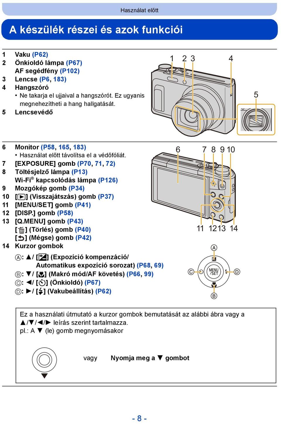 7 [EXPOSURE] gomb (P70, 71, 72) 8 Töltésjelző lámpa (P13) Wi-Fi kapcsolódás lámpa (P126) 9 Mozgókép gomb (P34) 10 [(] (Visszajátszás) gomb (P37) 11 [MENU/SET] gomb (P41) 12 [DISP.] gomb (P58) 13 [Q.