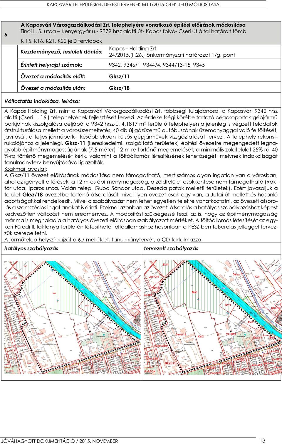 pont Érintett helyrajzi számok: 9342, 9346/1, 9344/4, 9344/13-15, 9345 Övezet a módosítás előtt: Övezet a módosítás után: Gksz/11 Gksz/18 Változtatás indoklása, leírása: A Kapos Holding Zrt.