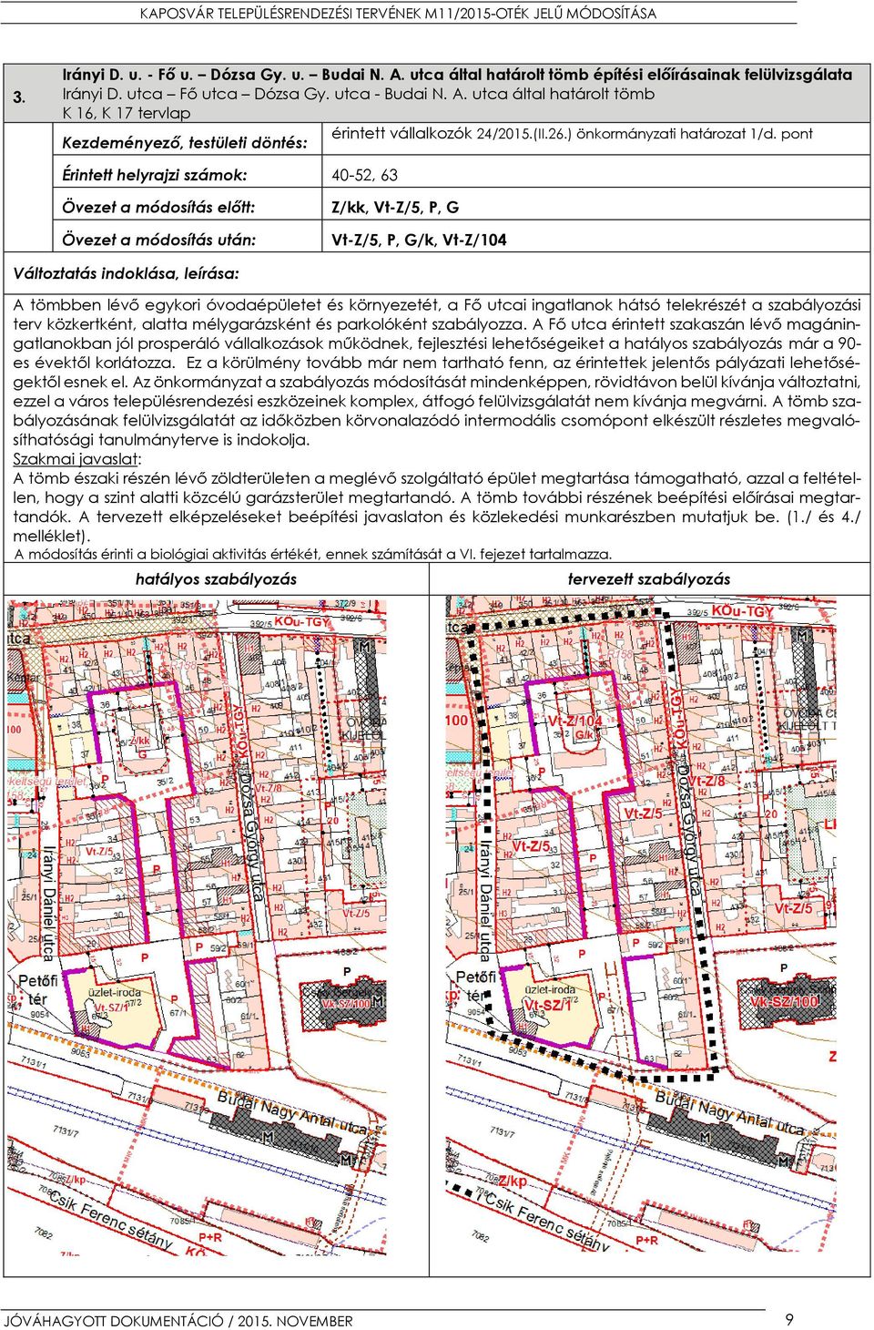 pont Kezdeményező, testületi döntés: Érintett helyrajzi számok: 40-52, 63 Övezet a módosítás előtt: Övezet a módosítás után: Z/kk, Vt-Z/5, P, G Vt-Z/5, P, G/k, Vt-Z/104 Változtatás indoklása,