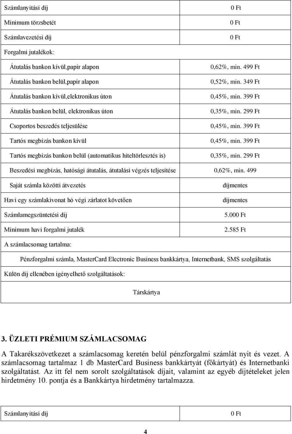 399 Ft 0,35%, min. 299 Ft 0,45%, min. 399 Ft 0,45%, min. 399 Ft 0,35%, min. 299 Ft Beszedési megbízás, hatósági átutalás, átutalási végzés teljesítése 0,62%, min.