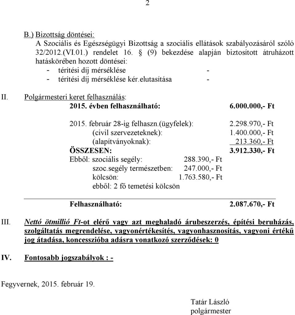 évben felhasználható: 6.000.000,- Ft 2015. február 28-ig felhaszn.(ügyfelek): 2.298.970,- Ft (civil szervezeteknek): 1.400.000,- Ft (alapítványoknak): 213.360,- Ft ÖSSZESEN: 3.912.