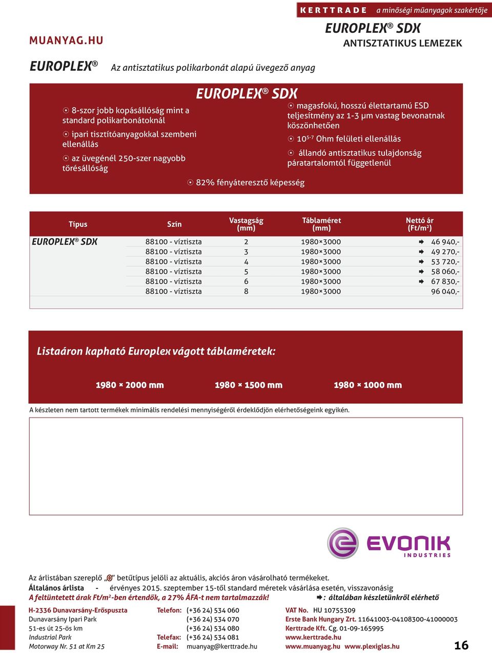 10 5-7 Ohm felületi ellenállás 8 állandó antisztatikus tulajdonság páratartalomtól függetlenül Típus Szín Vastagság () Táblaméret () Nettó ár (Ft/m 2 ) EUROPLEX SDX 88100-2 1980 3000 Æ 46 940,-