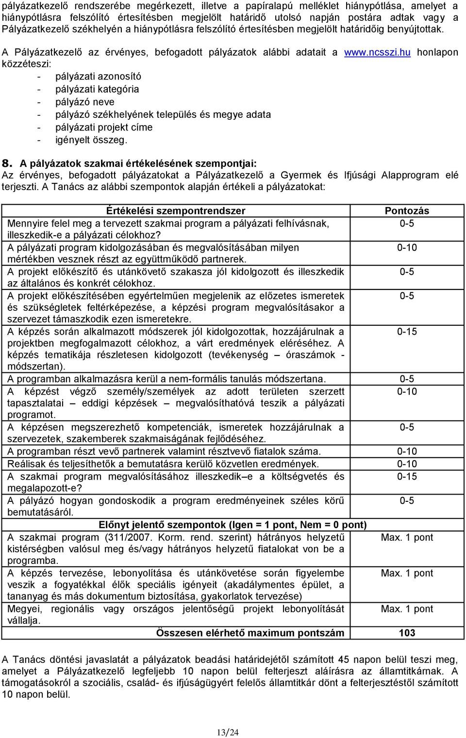 hu honlapon közzéteszi: - pályázati azonosító - pályázati kategória - pályázó neve - pályázó székhelyének település és megye adata - pályázati projekt címe - igényelt összeg. 8.