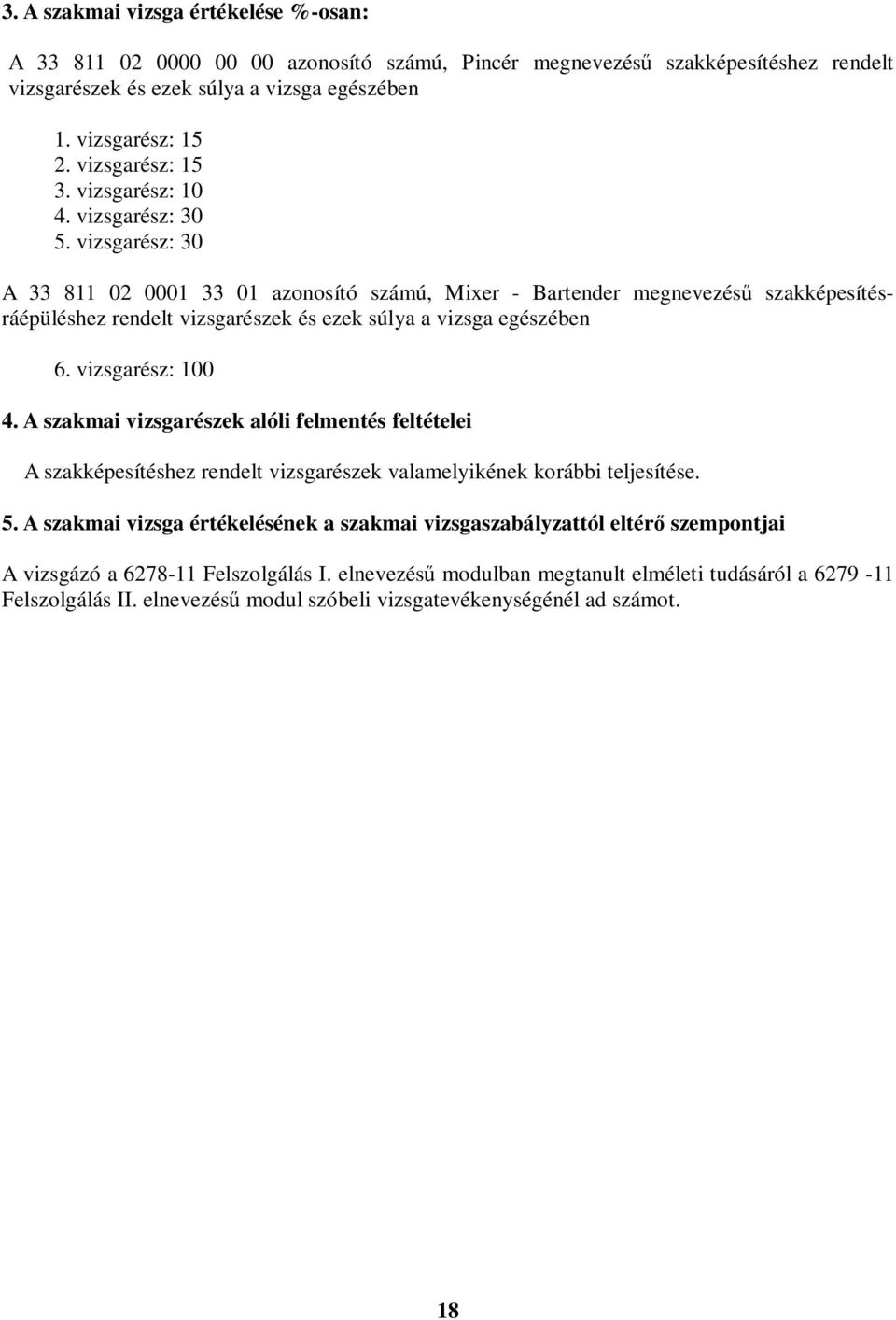 vizsgarész: 30 33 811 02 0001 33 01 azonosító számú, Mixer - artender megnevezés szakképesítésráépüléshez rendelt vizsgarészek és ezek súlya a vizsga egészében 6. vizsgarész: 100 4.