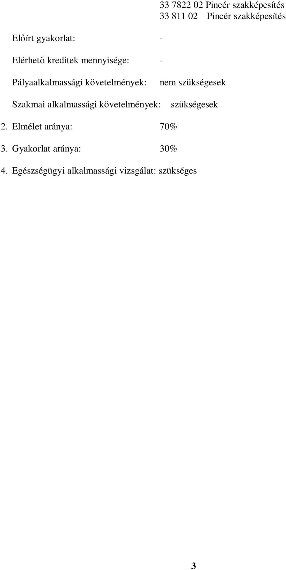 nem szükségesek Szakmai alkalmassági követelmények: szükségesek 2.