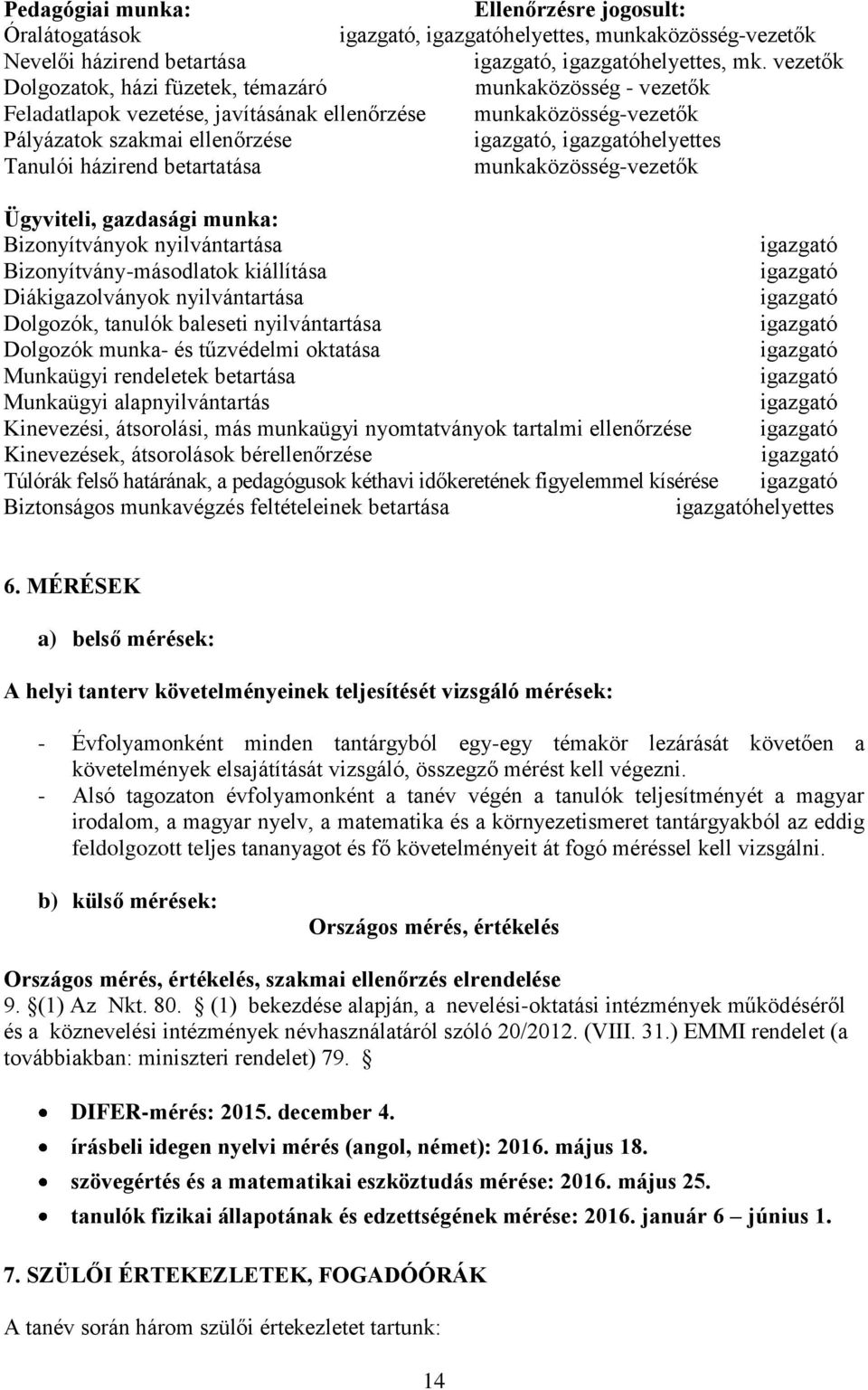 Tanulói házirend betartatása munkaközösség-vezetők Ügyviteli, gazdasági munka: Bizonyítványok nyilvántartása igazgató Bizonyítvány-másodlatok kiállítása igazgató Diákigazolványok nyilvántartása