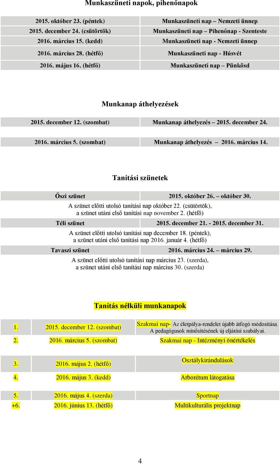 (szombat) Munkanap áthelyezés 2015. december 24. 2016. március 5. (szombat) Munkanap áthelyezés 2016. március 14. Tanítási szünetek Őszi szünet 2015. október 26. október 30.