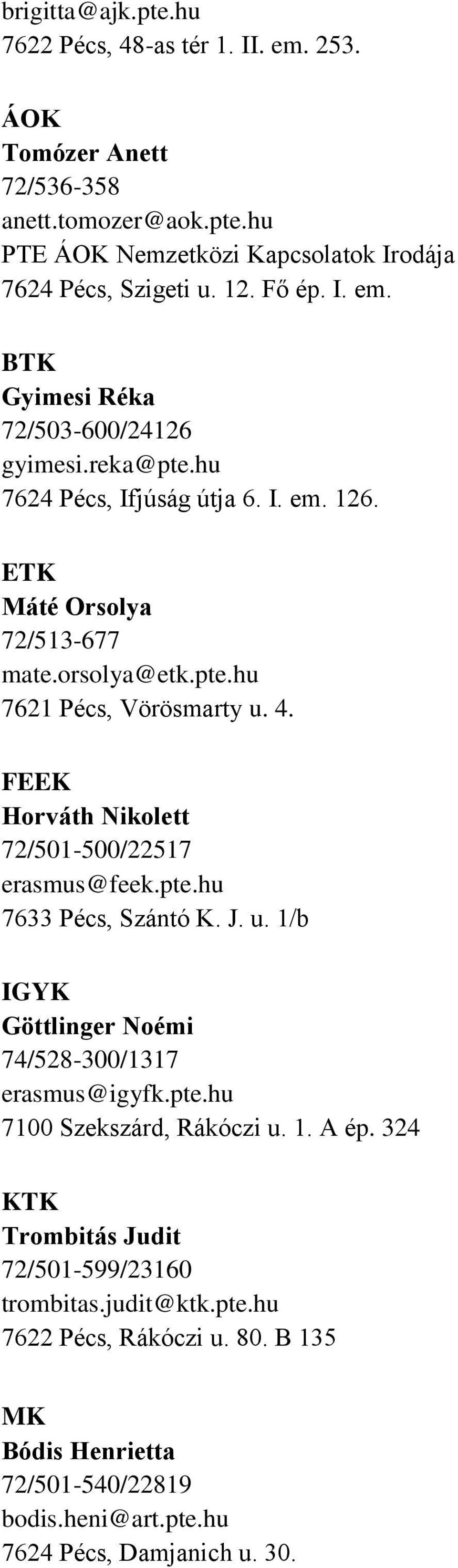 FEEK Horváth Nikolett 72/501-500/22517 erasmus@feek.pte.hu 7633 Pécs, Szántó K. J. u. 1/b IGYK Göttlinger Noémi 74/528-300/1317 erasmus@igyfk.pte.hu 7100 Szekszárd, Rákóczi u. 1. A ép.